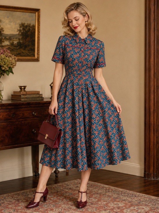 Unique Vintage Dresses & Skirts - UNIQUE VINTAGE Teal Paisley Retro Fit & Flare Midi Dress, Size Large